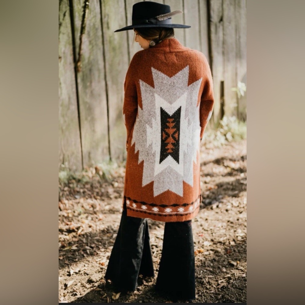 Rust Geo-Pattern Open Front Cardigan Sweater for … - image 2